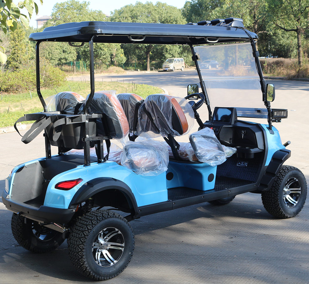 4-Seat Light Blue Golf Cart: Rugged Tires & Front Basket for Resorts