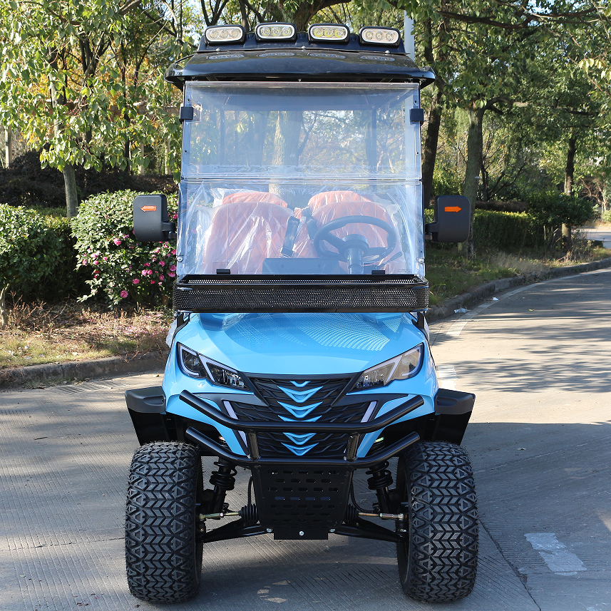 Light Blue 4-Seat Golf Cart: Beach-Ready with Front Storage Basket