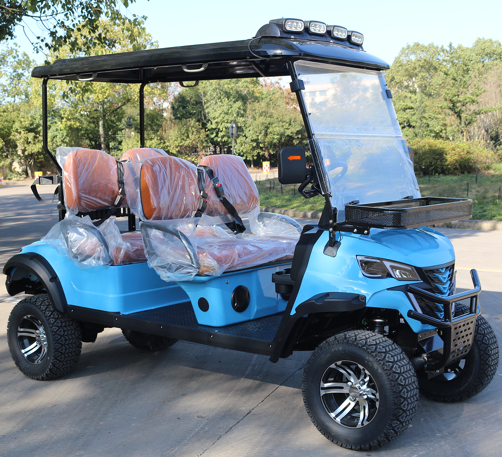4-Seat Light Blue Golf Cart: Resort-Friendly with Roof Lights & Basket