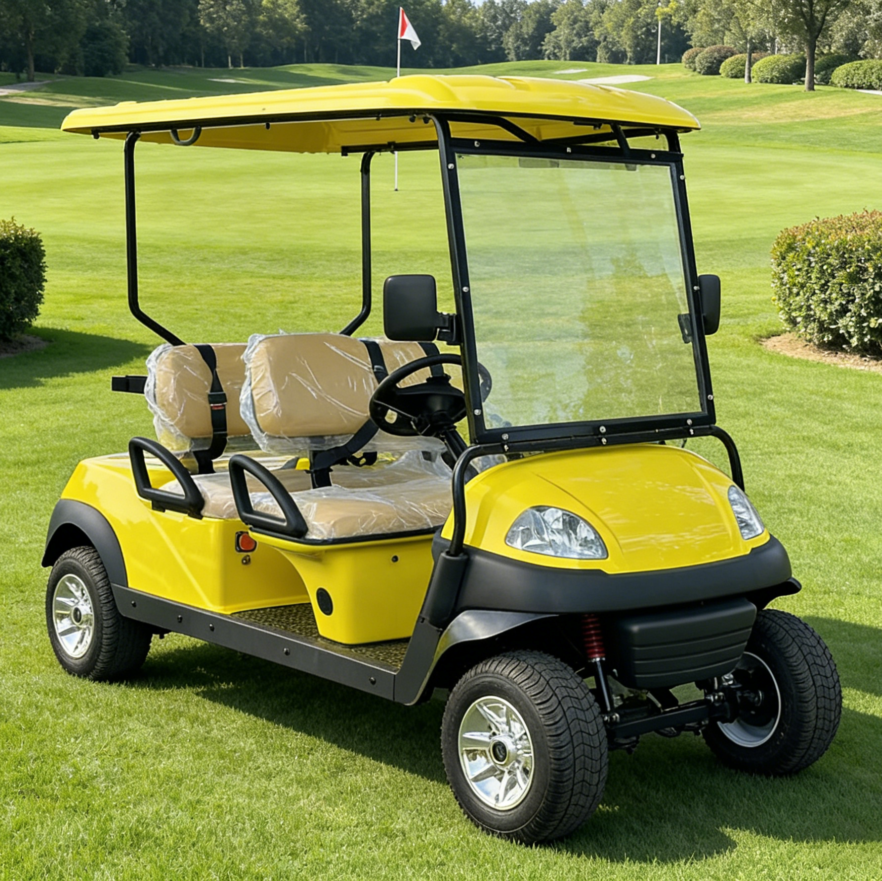 4-Seat Yellow Golf Cart: Small Tires for Compact Venue Use