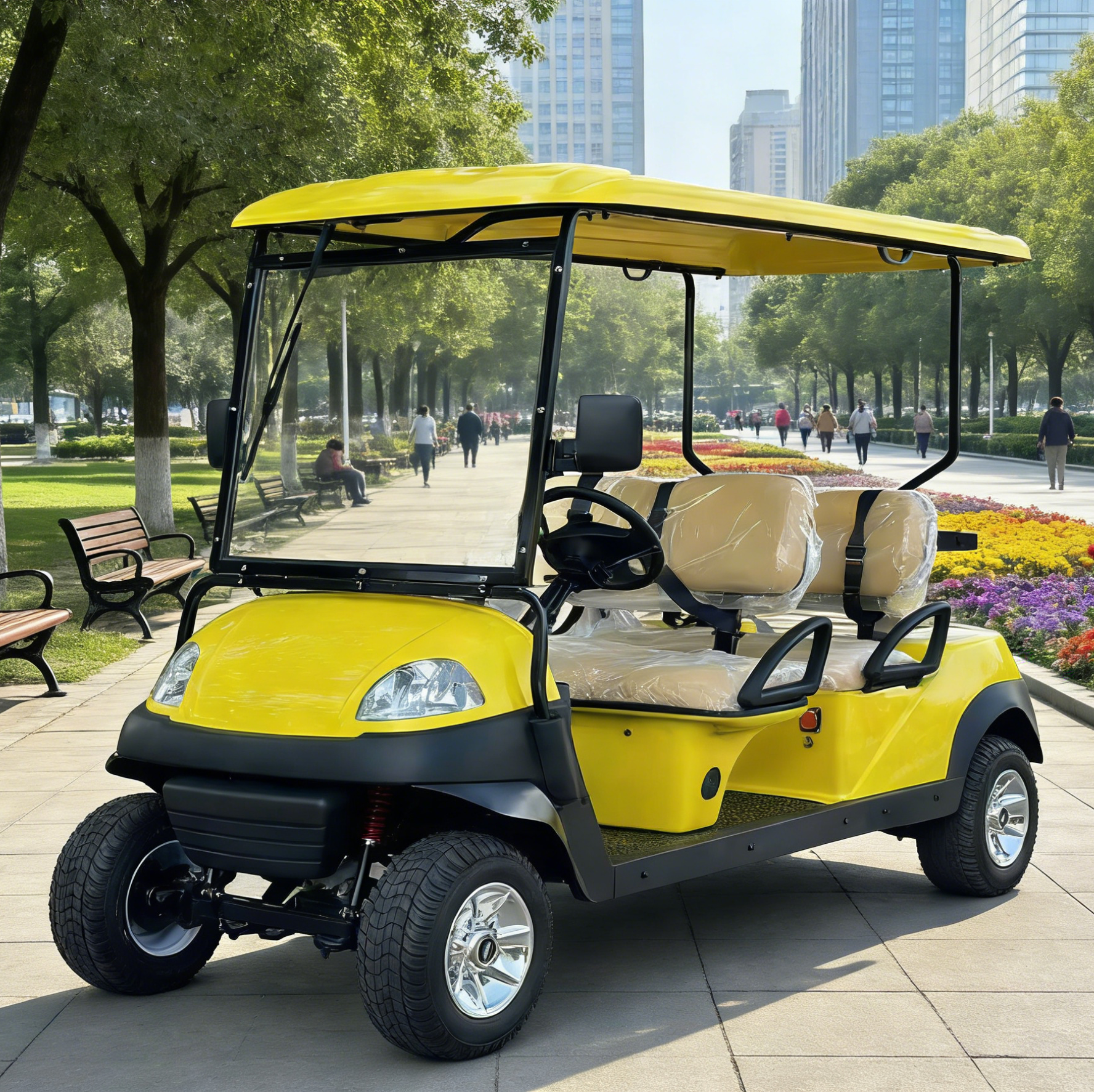 4-Seat Yellow Golf Cart: Small Tires for Daily Venue Transport