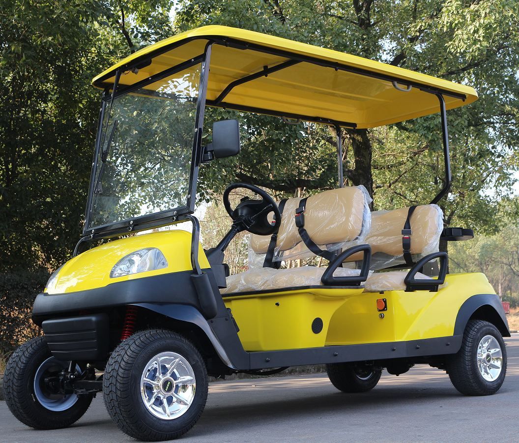 4-Seat Yellow Golf Cart: Small Tires for Daily Venue Transport