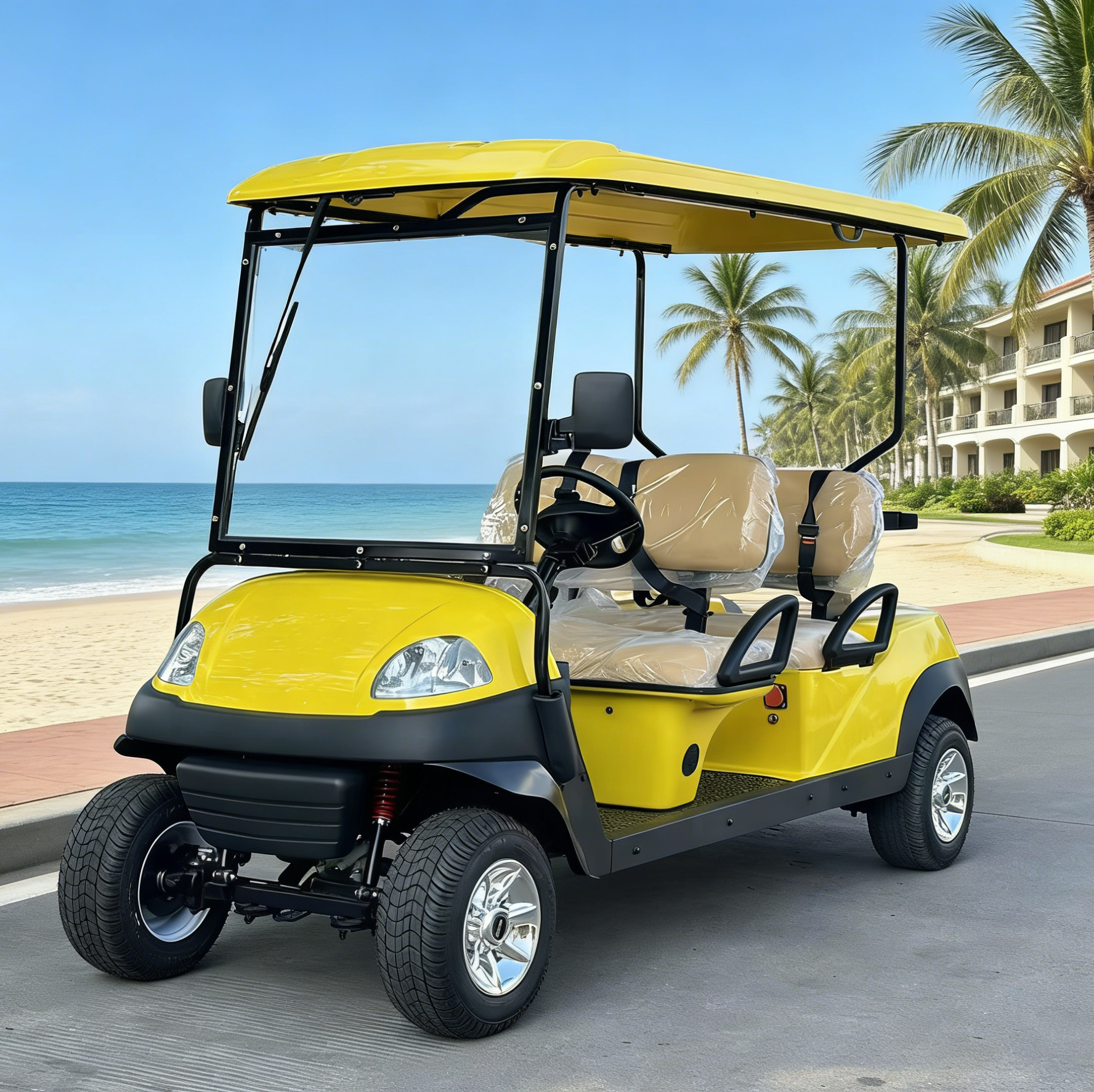 LVZO Yellow 4-Seat Golf Cart: Small Tires for Narrow Resort Paths