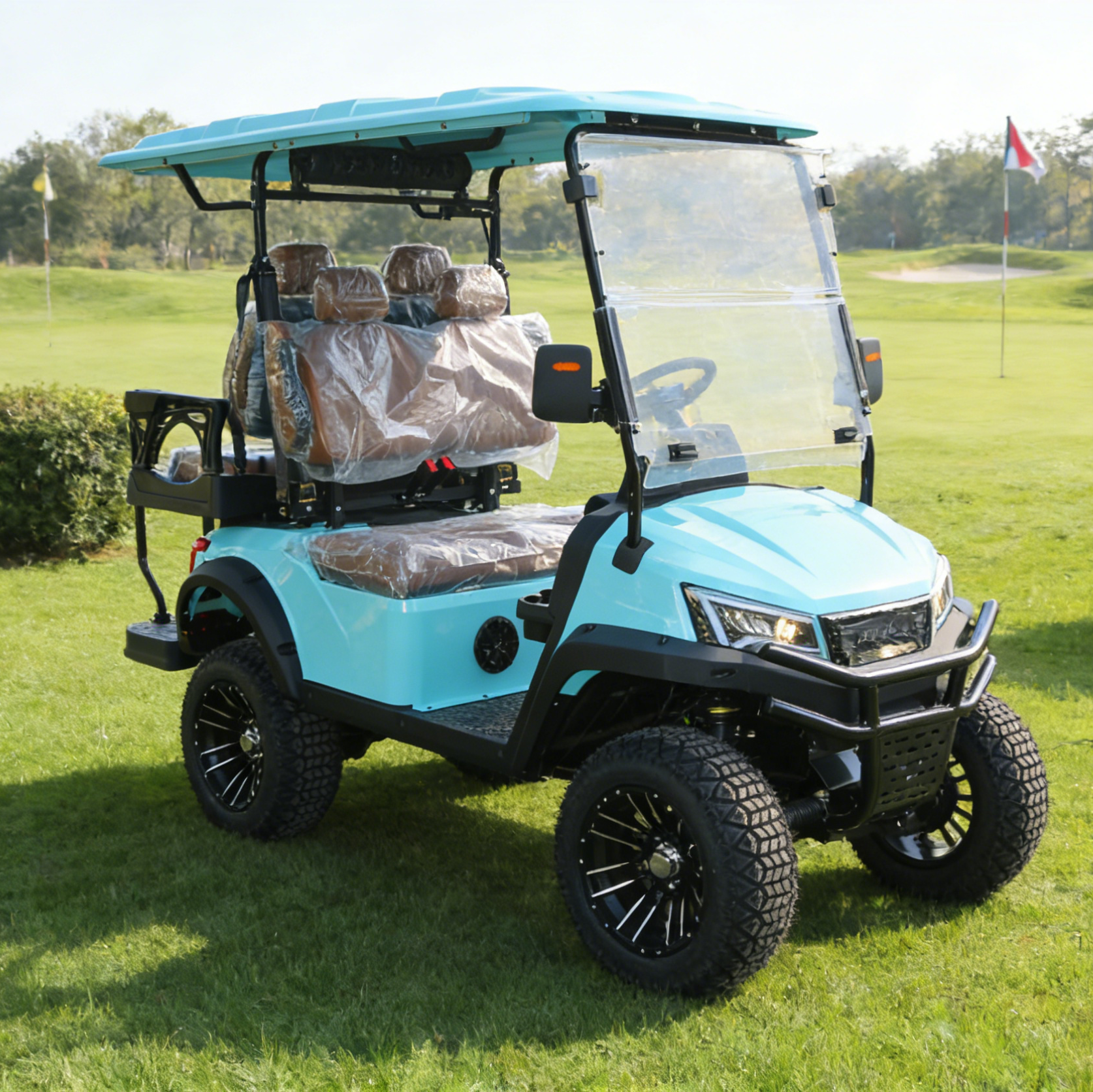 Turquoise 4-Seat Golf Cart: Off-Road Tires for Golf Terrains