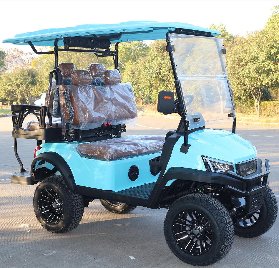 Turquoise 4-Seat Golf Cart: Off-Road Tires for Golf Terrains