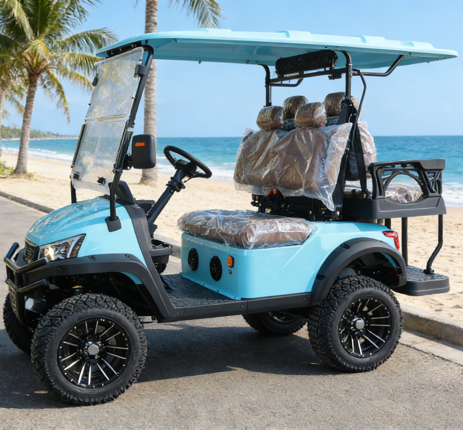 4-Seat Turquoise Golf Cart with Golf Gear Storage & Tires