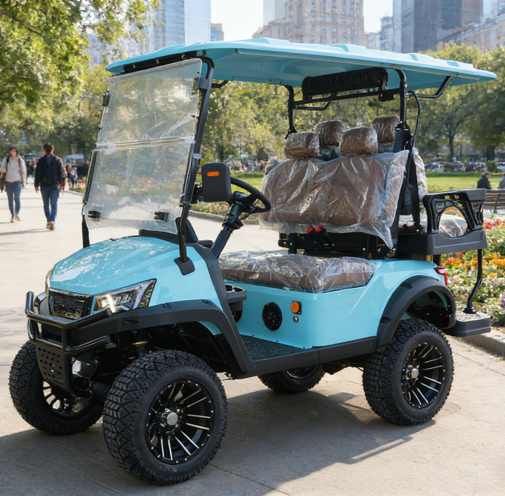 Turquoise 4-Seat Golf Cart: Rugged Build for Golf Course Rides