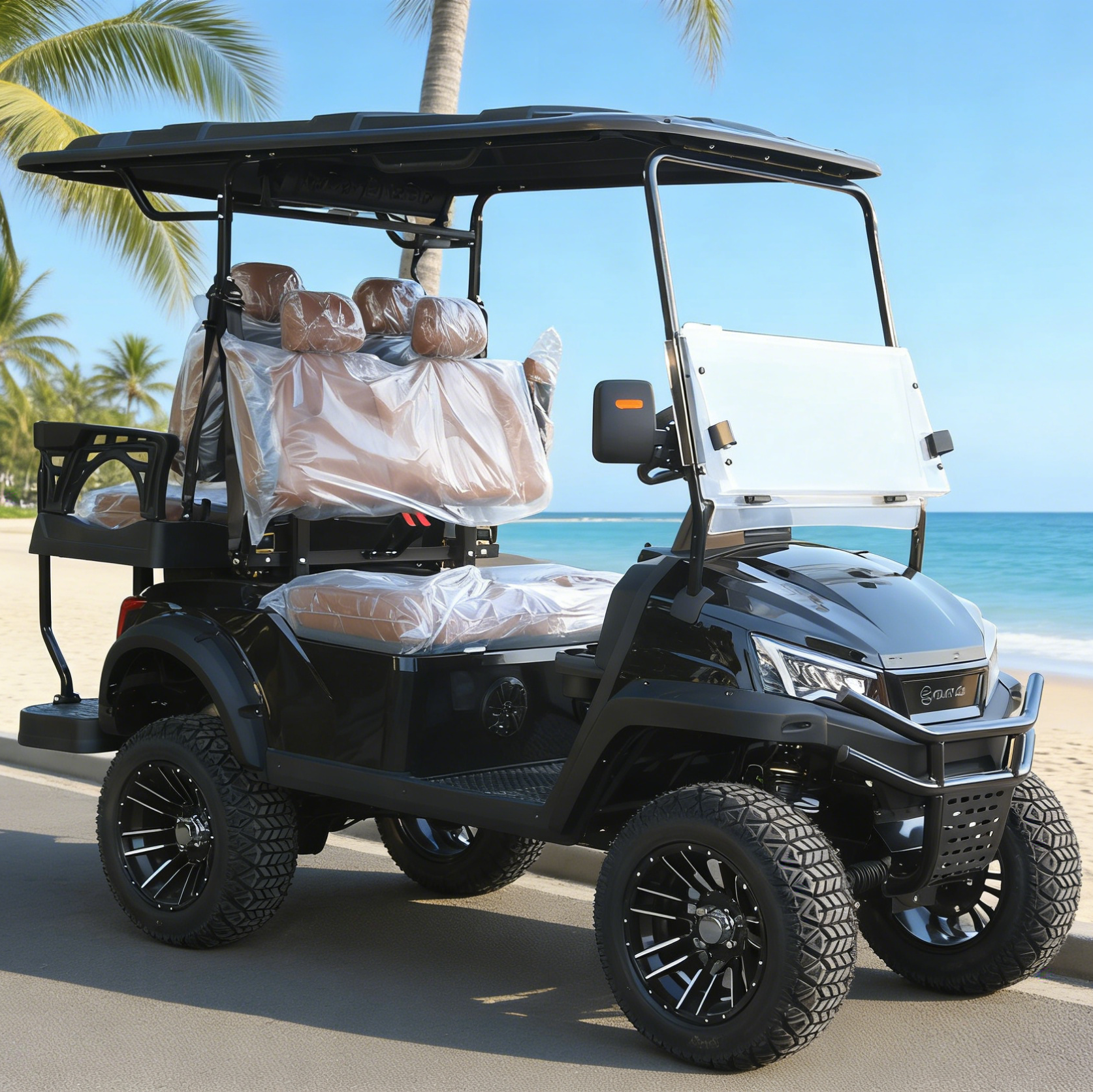 LVZO 4-Seat Black Golf Cart with Rear Rack for Golf Bags