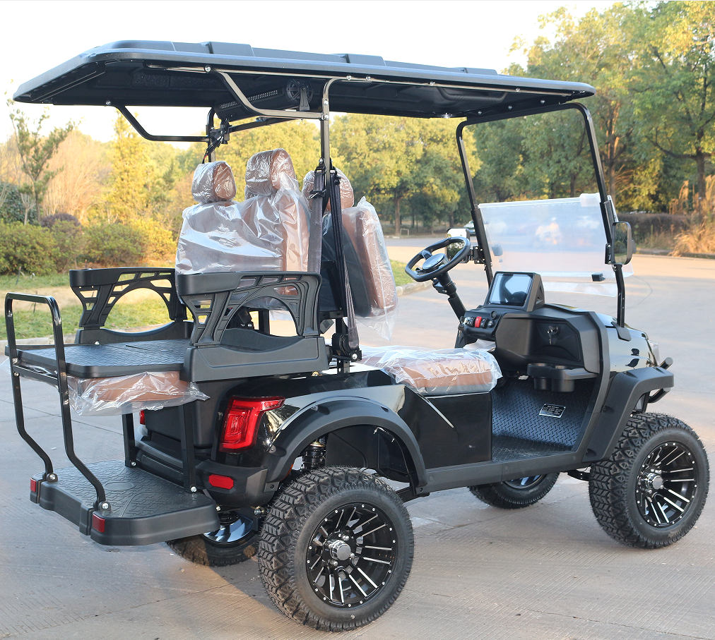 Black 4-Seat Golf Cart: Rugged Build for Golf Course Transport