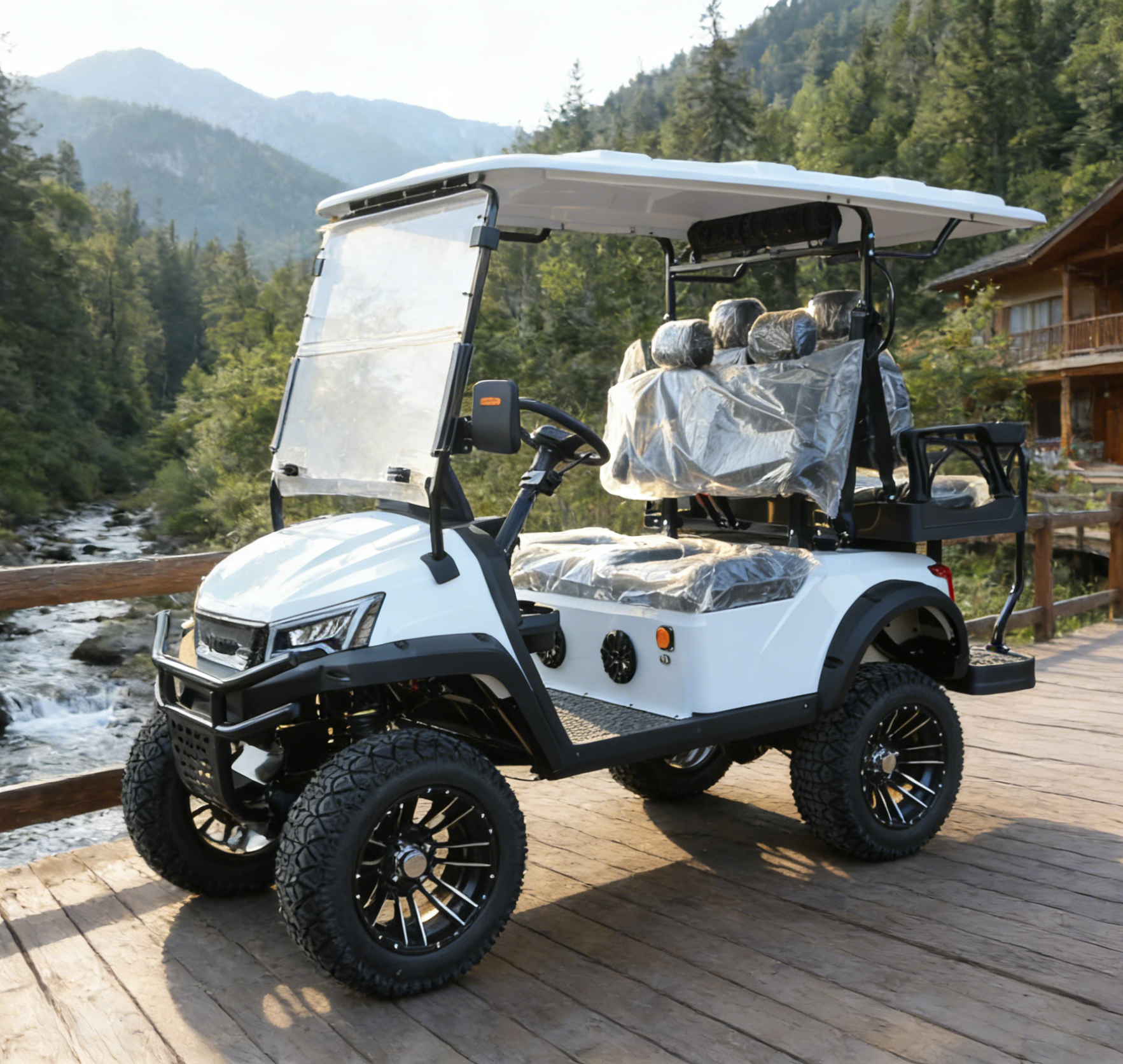 White 4-Seat Golf Cart: Rear Rack for Ski & Golf Gear Storage