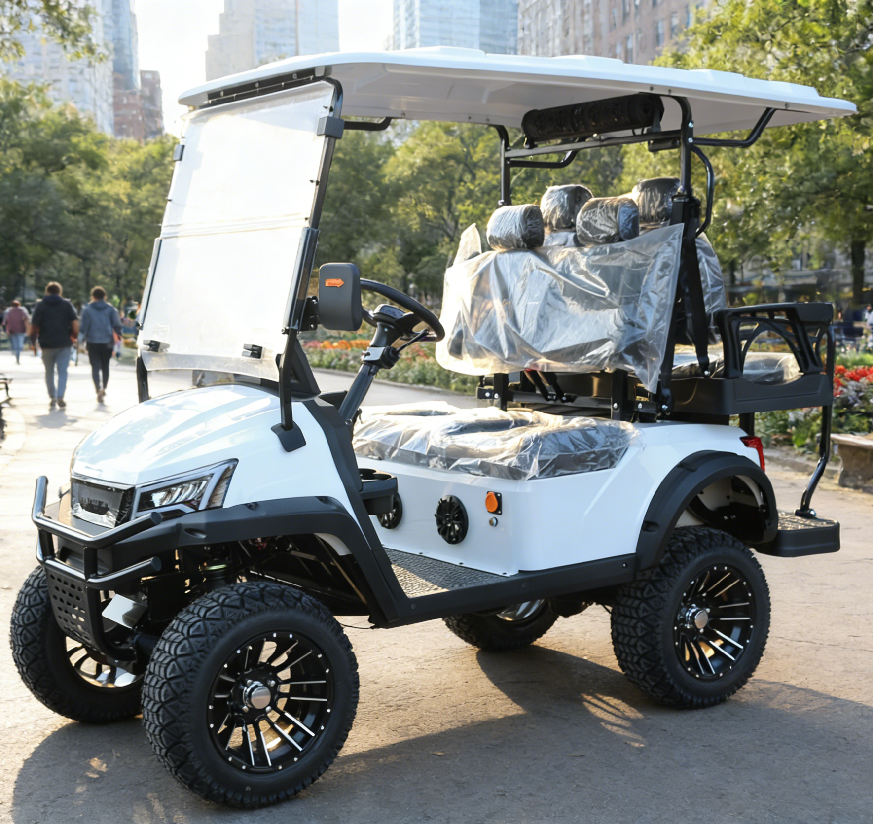 White 4-Seat Golf Cart: Rear Rack for Ski & Golf Gear Storage