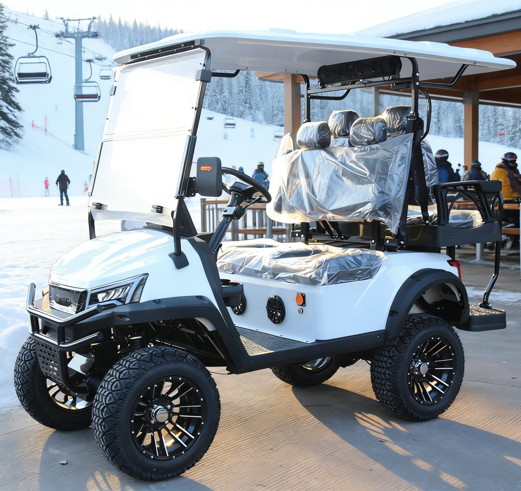 4-Seat White Golf Cart with Rugged Tires for Ski Resort Transport