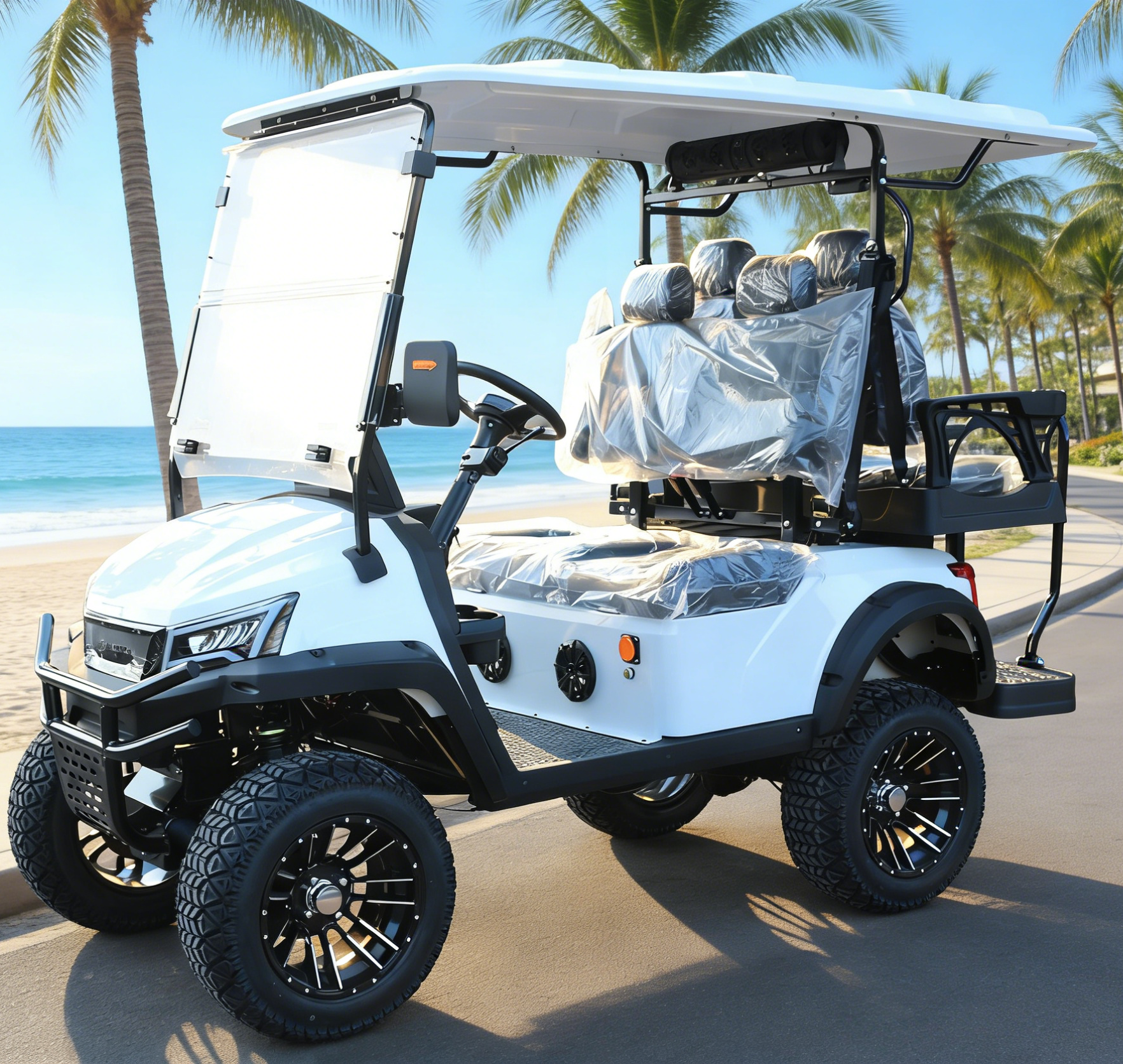 4-Seat White Golf Cart with Rugged Tires for Ski Resort Transport