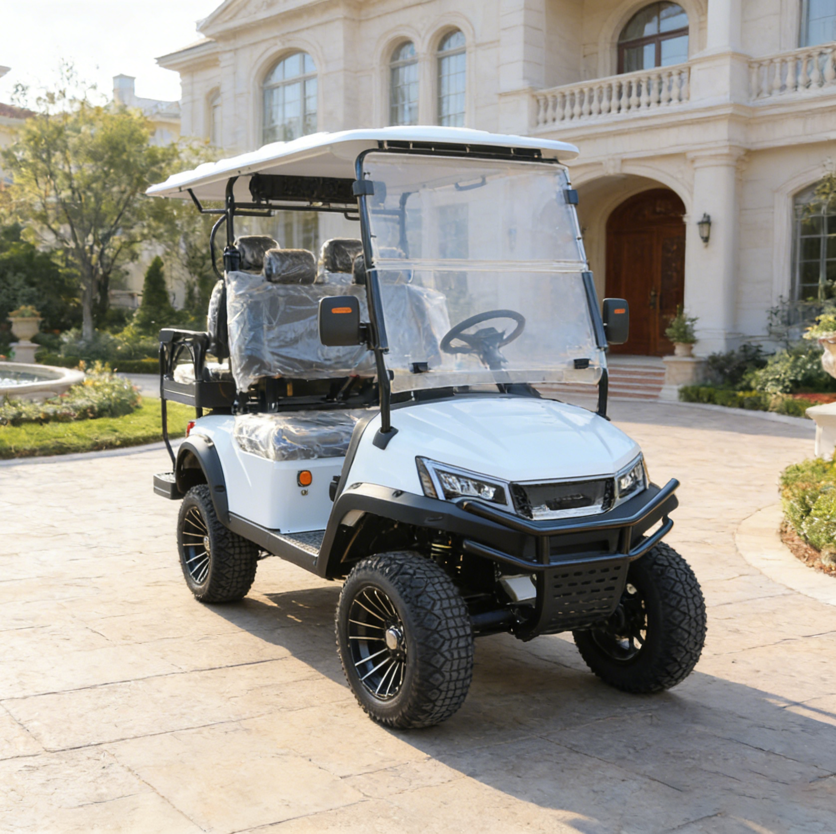 White 4-Seat Golf Cart: Multi-Venue Use for Ski & Golf Grounds