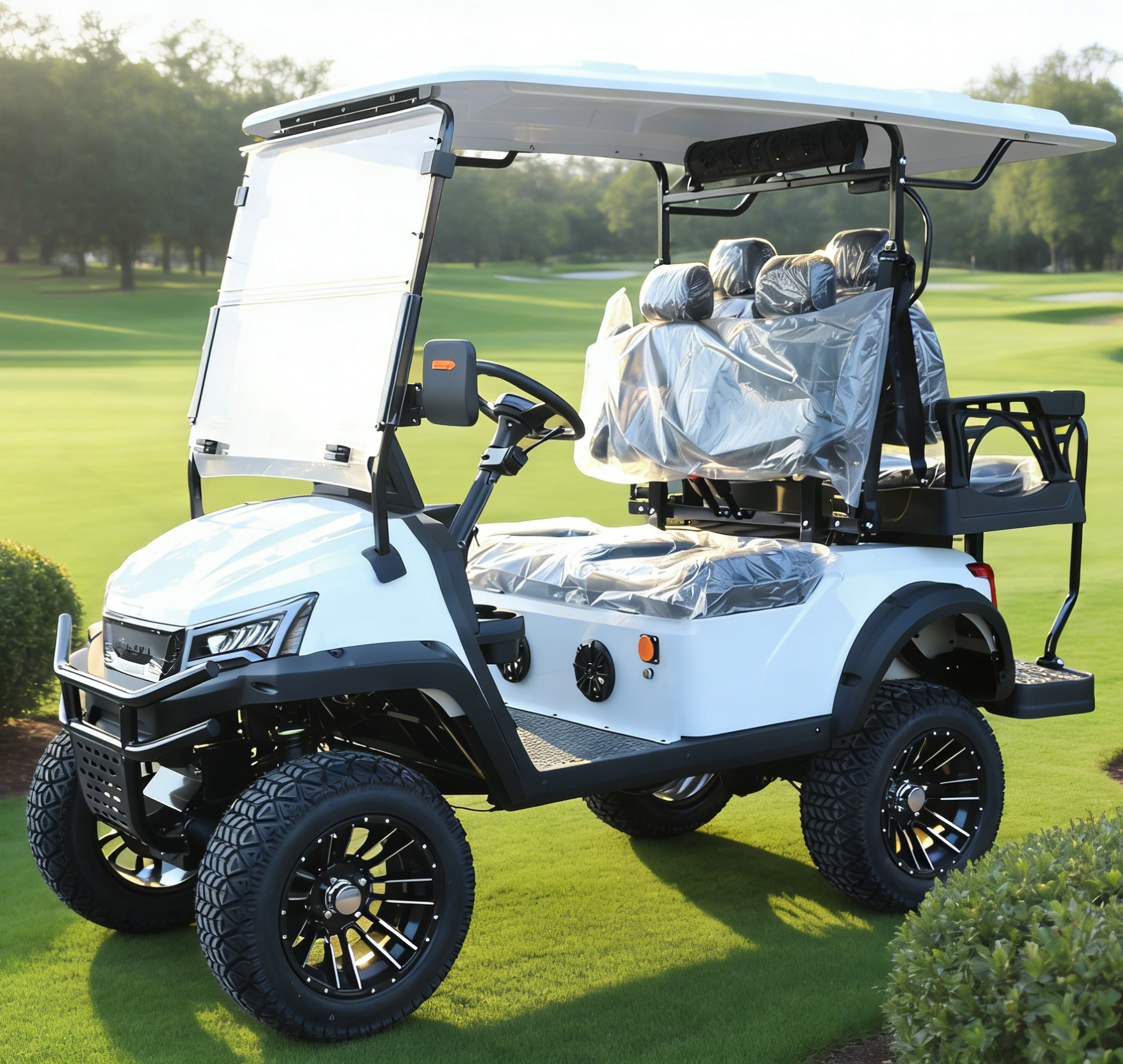 White 4-Seat Golf Cart: Off-Road Tires for Ski & Golf Shuttles