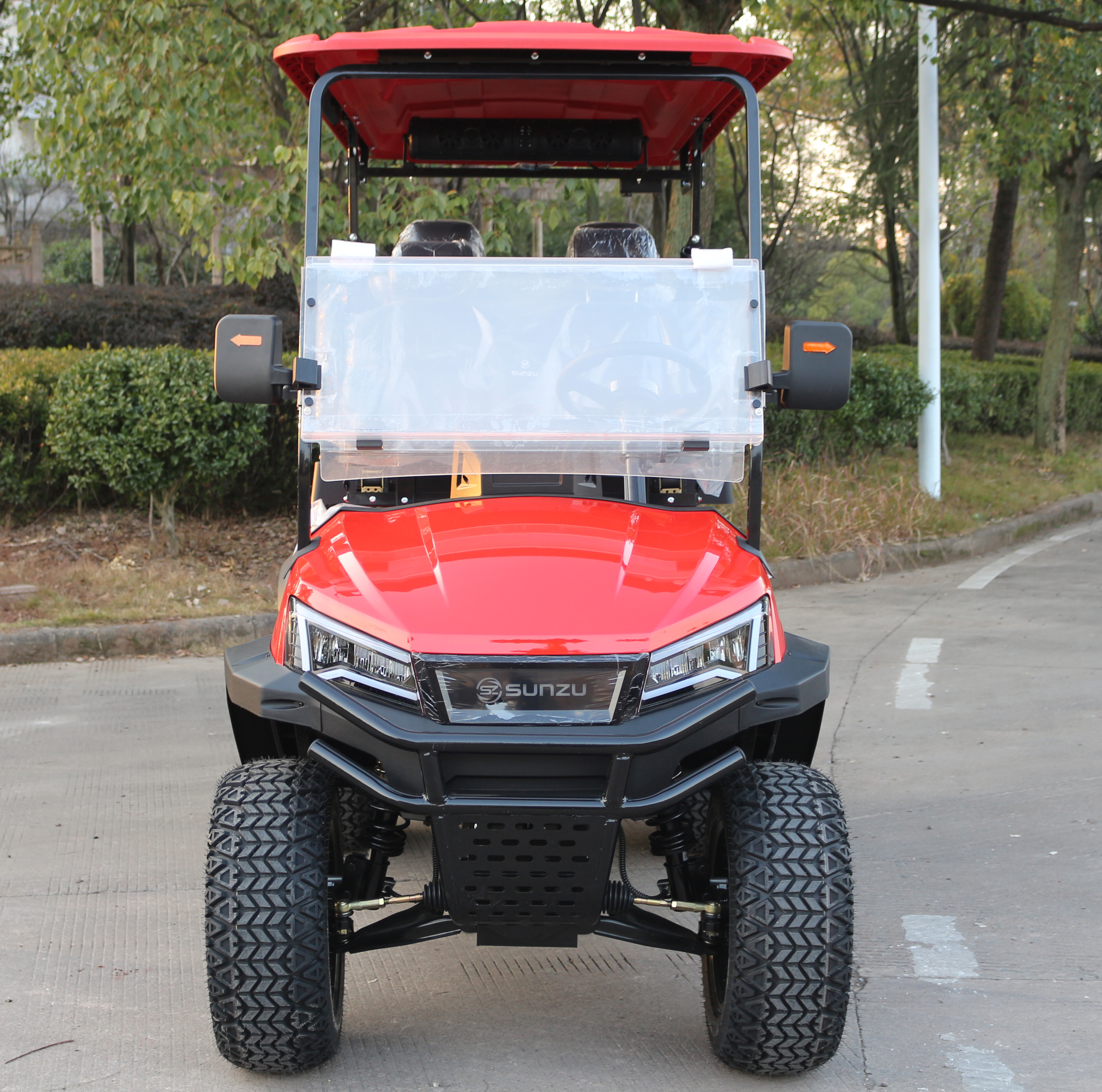 4-Seat Red Golf Cart with Off-Road Tires for Beach Shuttles