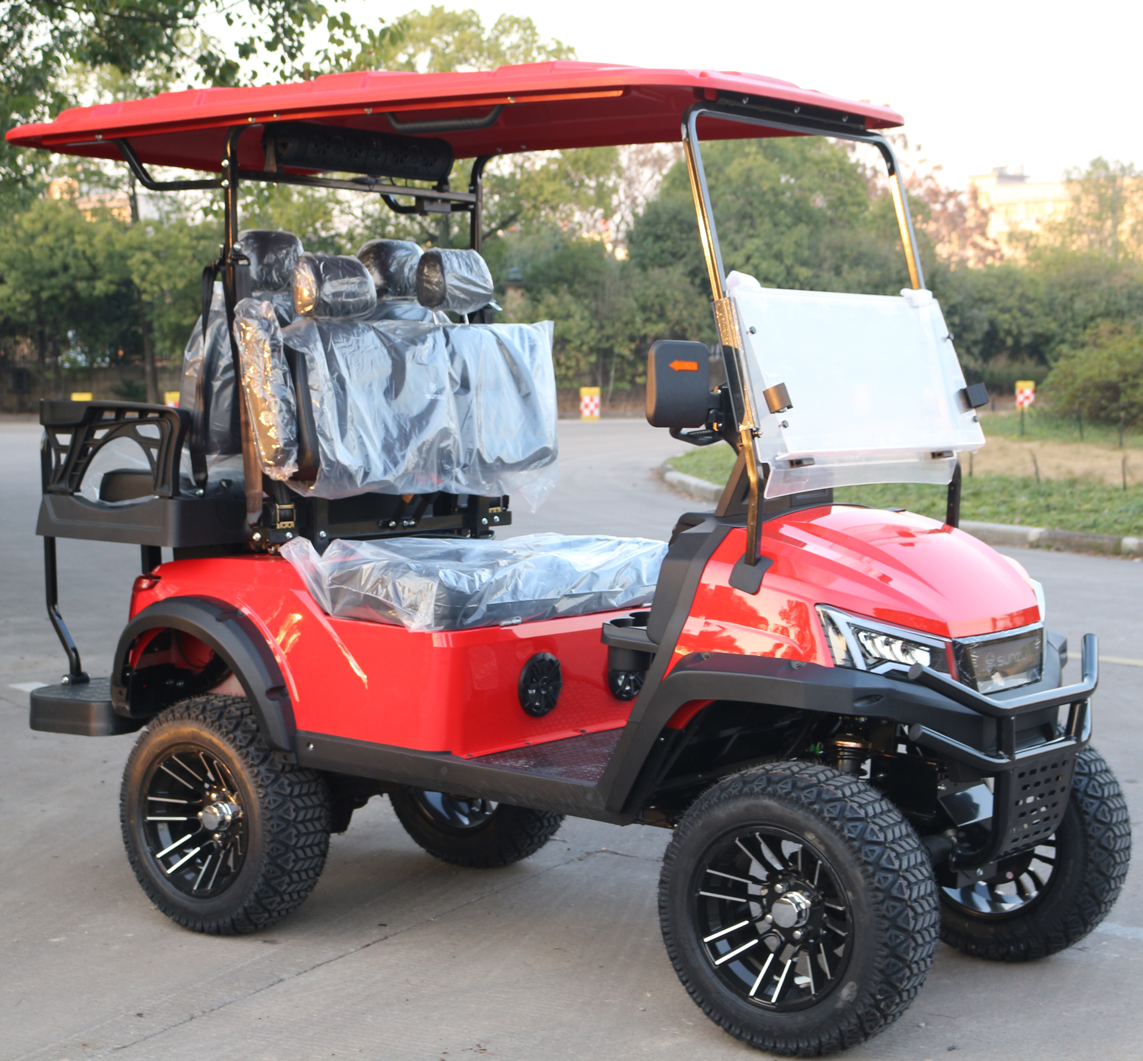 4-Seat Red Golf Cart with Off-Road Tires for Beach Shuttles