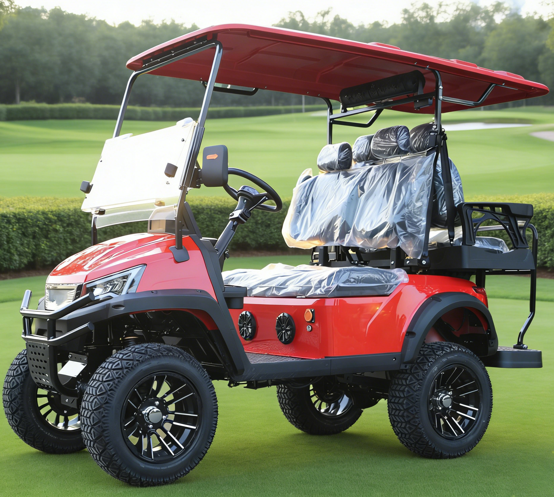 Red 4-Seat Golf Cart: Rear Storage for Beach & Resort Guests