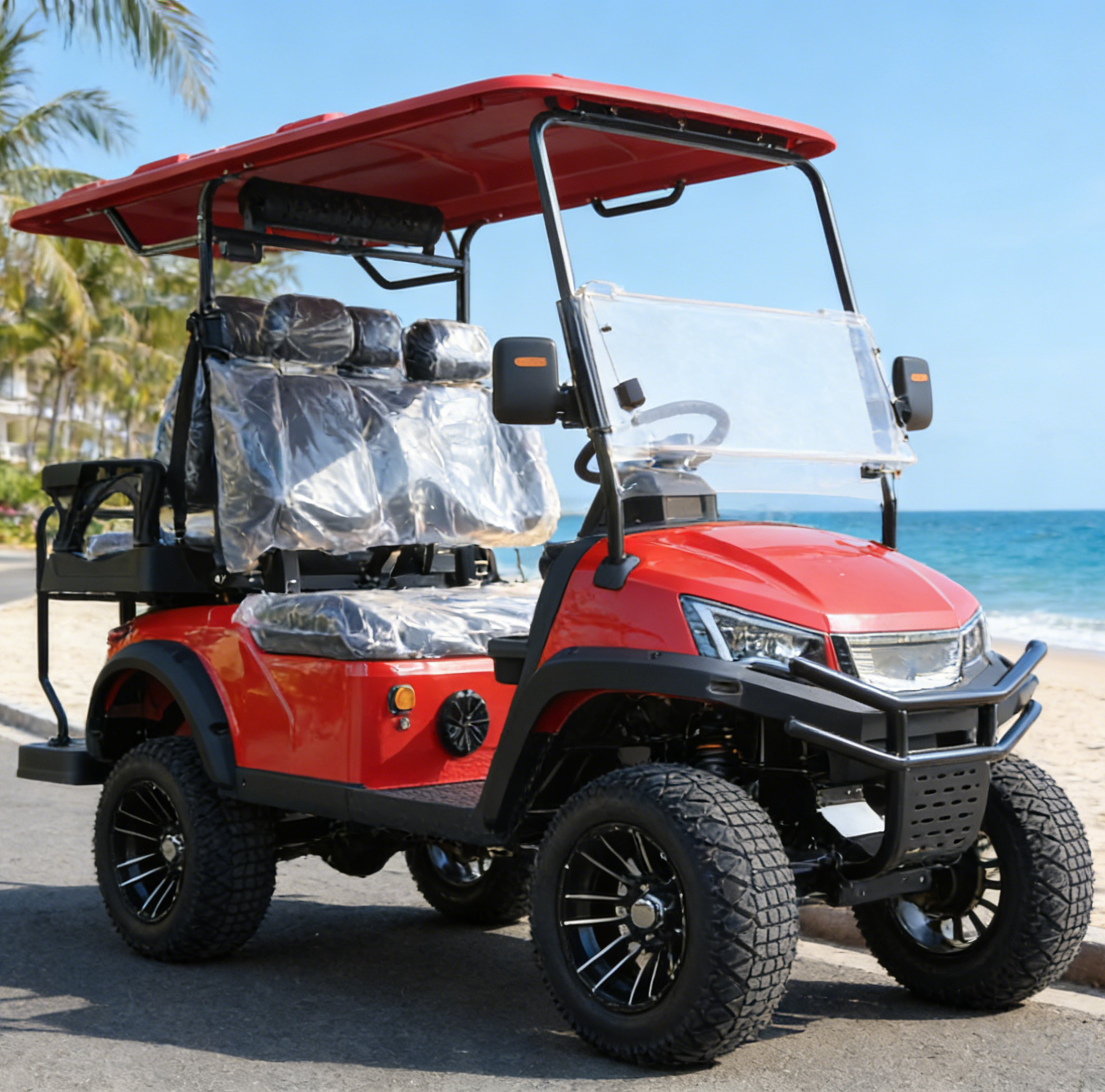 4-Seat Red Golf Cart with Rugged Tires for Beach Leisure Rides