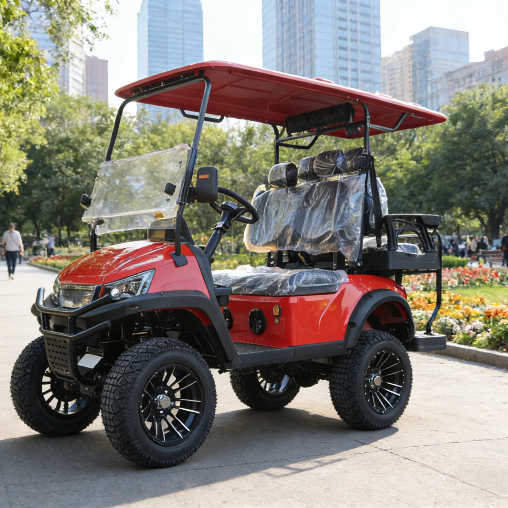 Red 4-Seat Golf Cart: Beach-Ready with Off-Road Tires & Storage