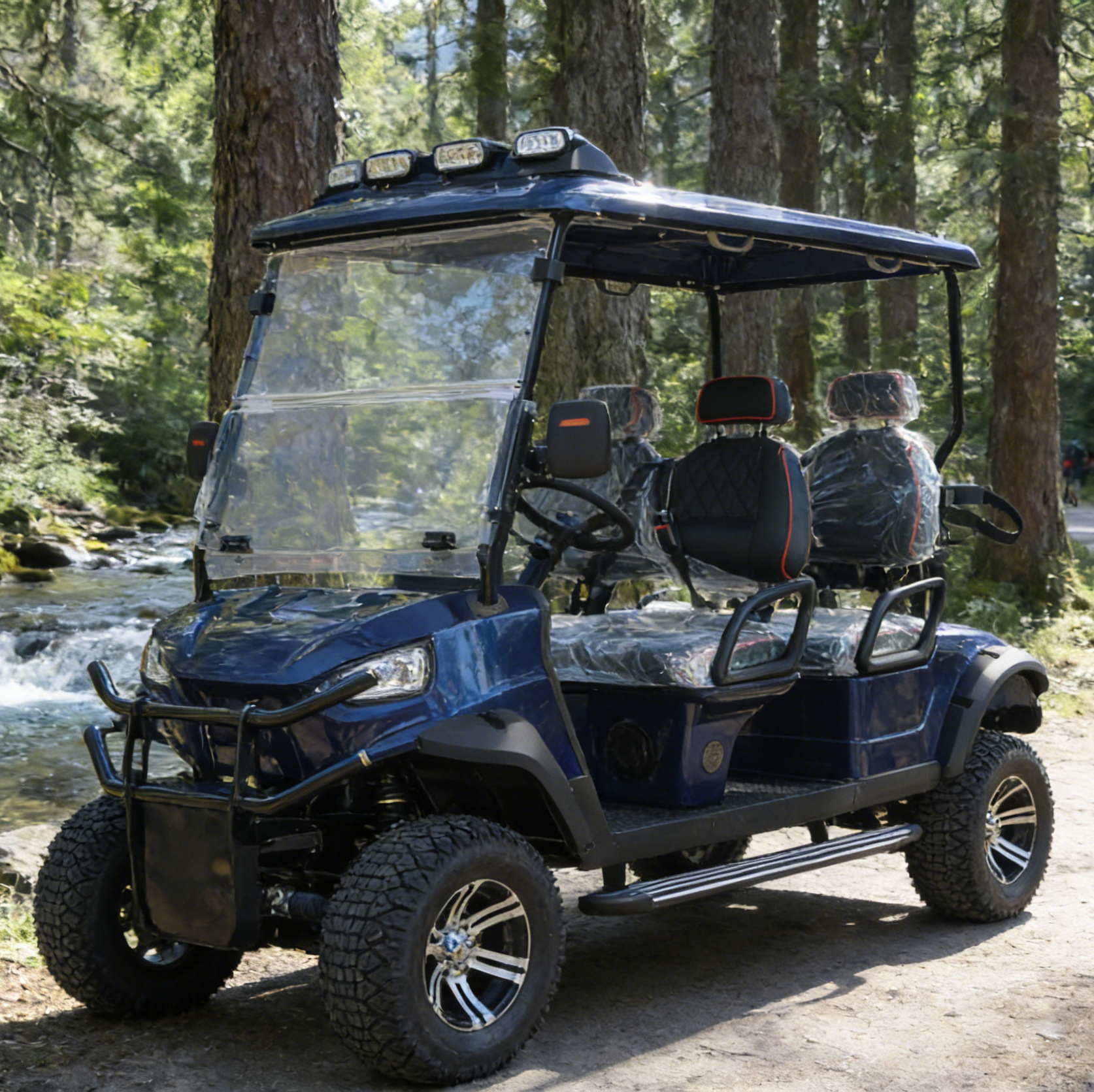 Navy Blue 4-Seat Golf Cart with Step Board for Lakefront Rides