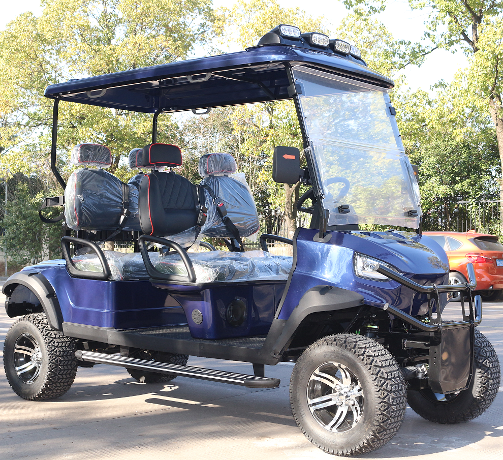 4-Seat Navy Blue Golf Cart: Lake Resort Transport & Gear Storage
