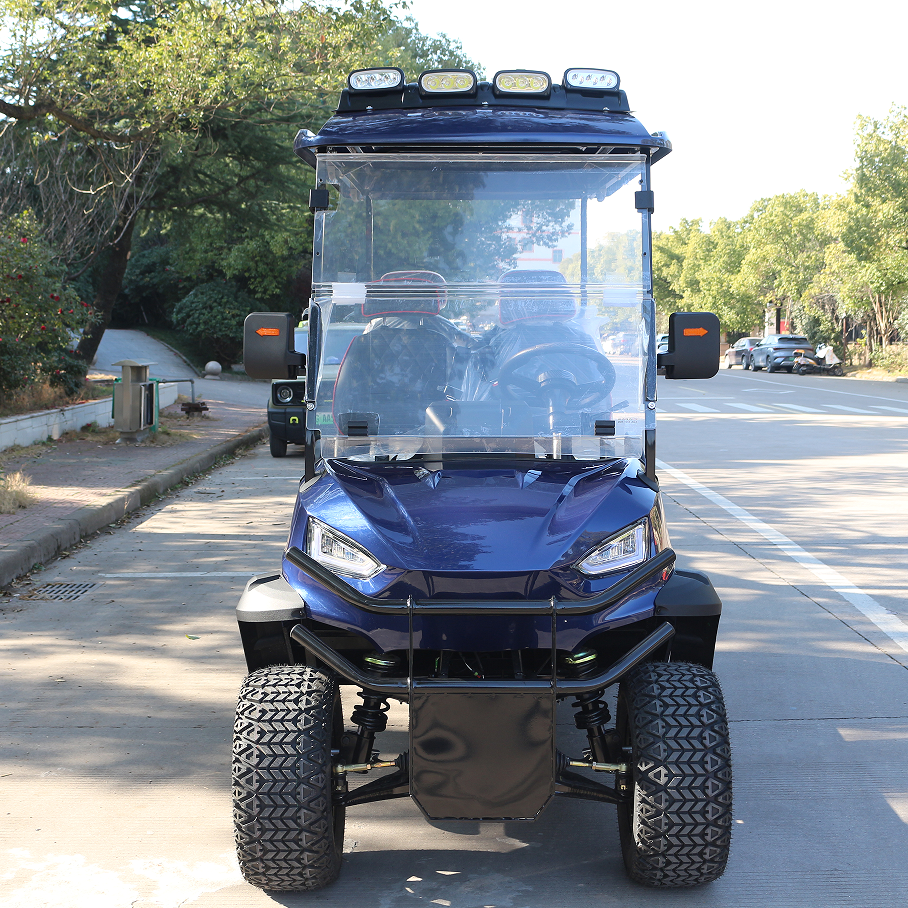 Navy Blue 4-Seat Golf Cart: Rugged Tires for Lakefront Venue Use