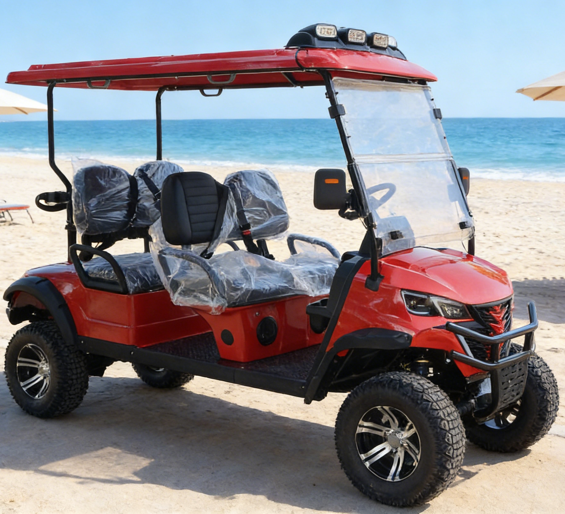 4-Seat Red Golf Cart: Roof Lights for Evening Leisure Transport