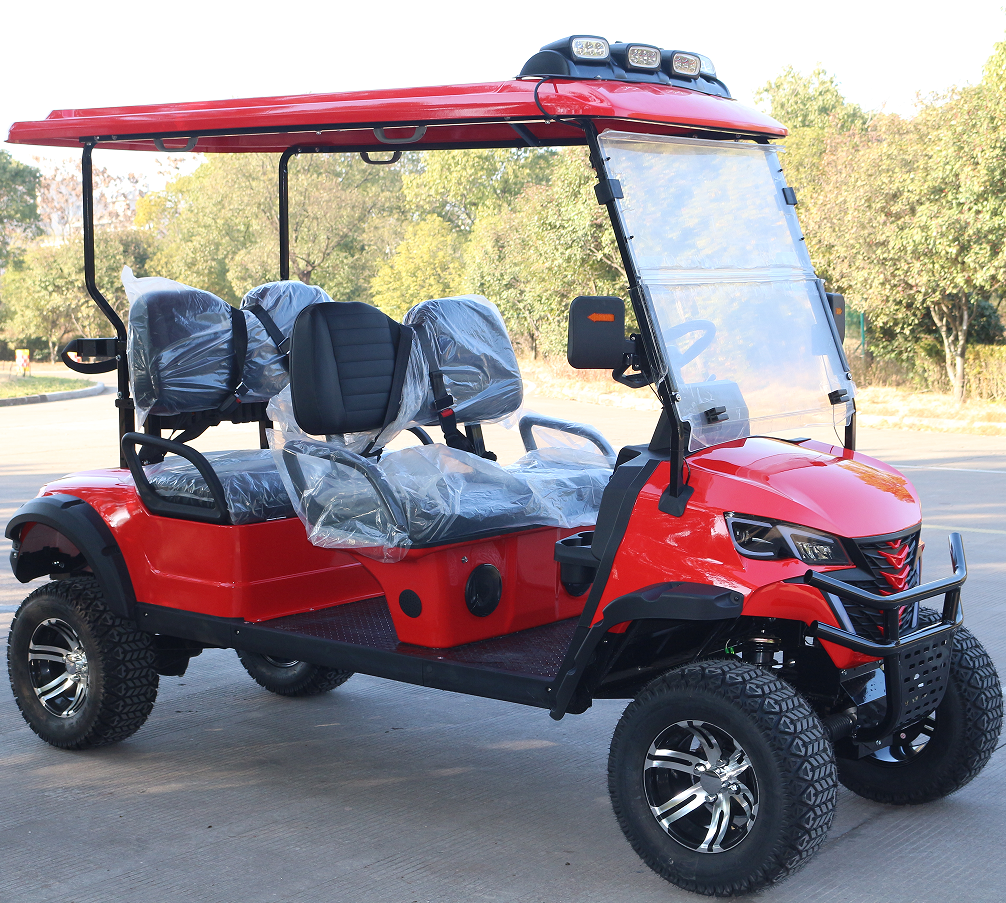4-Seat Red Golf Cart: Roof Lights for Evening Leisure Transport
