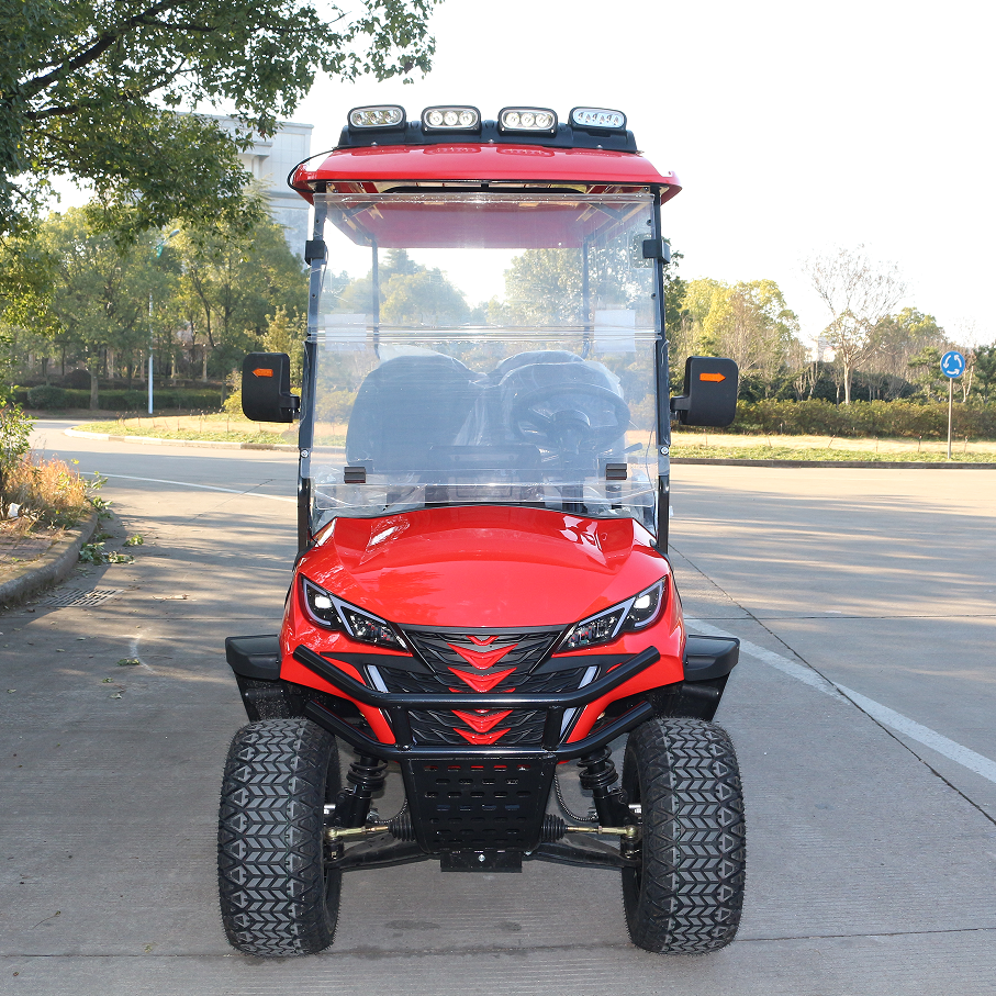 4-Seat Red Golf Cart: Safety Belts & Off-Road Tires for Courses