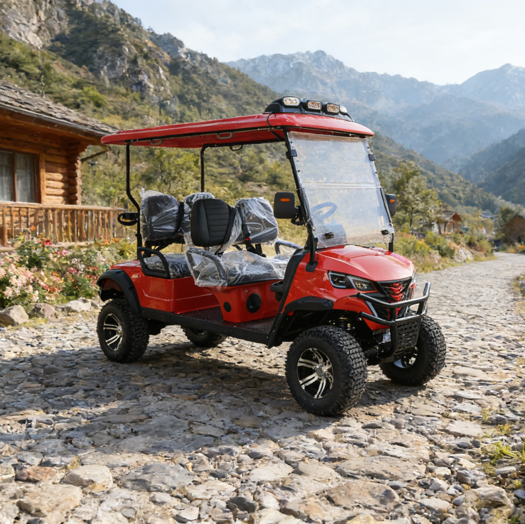 Vibrant Red 4-Seat Golf Cart with Step Board for Venue Rides