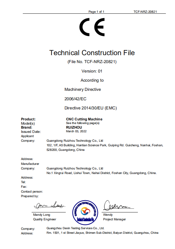 CNC cutting machine CE certificate