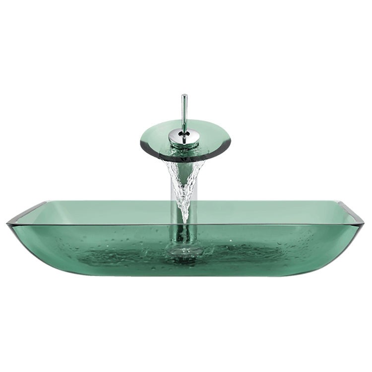 Rectangle Green Clear Tempered Bathroom Vessel Glass Wash Basin