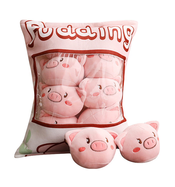 Plush stuffed snack pillow bag with small toys pig cat dog