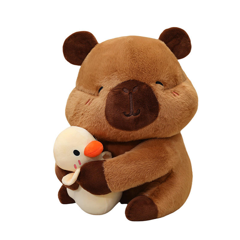 Kawaii Squinting Capybara Stuffed Animal With Hugged Duckling, Soft Fluffy Plush Capybara Doll for Home Decor Birthday Gift