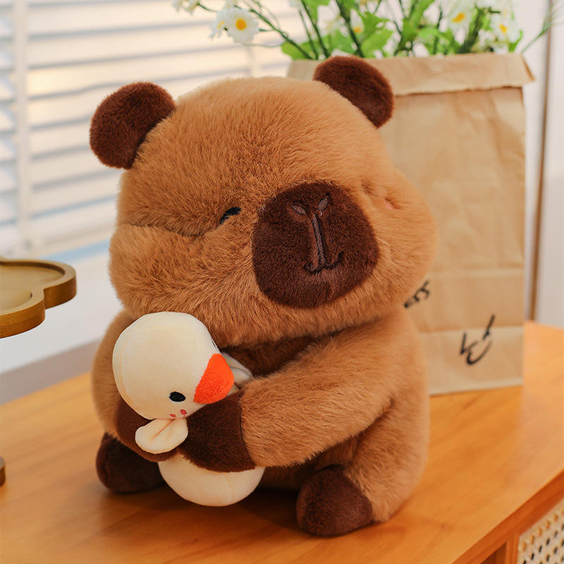 fluffy plush、soft plush toy、squint eyes capybara、hug duck capybara、cute brown plush