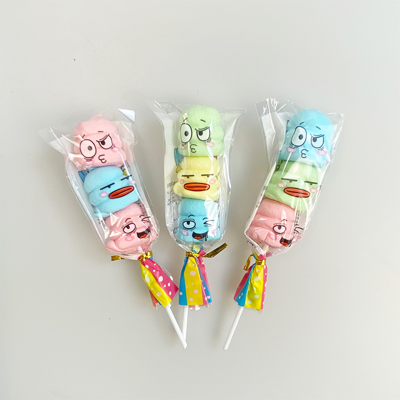 High Quality Colorful Mixed Fruit Flavor Funny Shaped Cotton Lollipop Marshmallow Candy