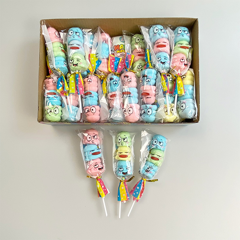 High Quality Colorful Mixed Fruit Flavor Funny Shaped Cotton Lollipop Marshmallow Candy