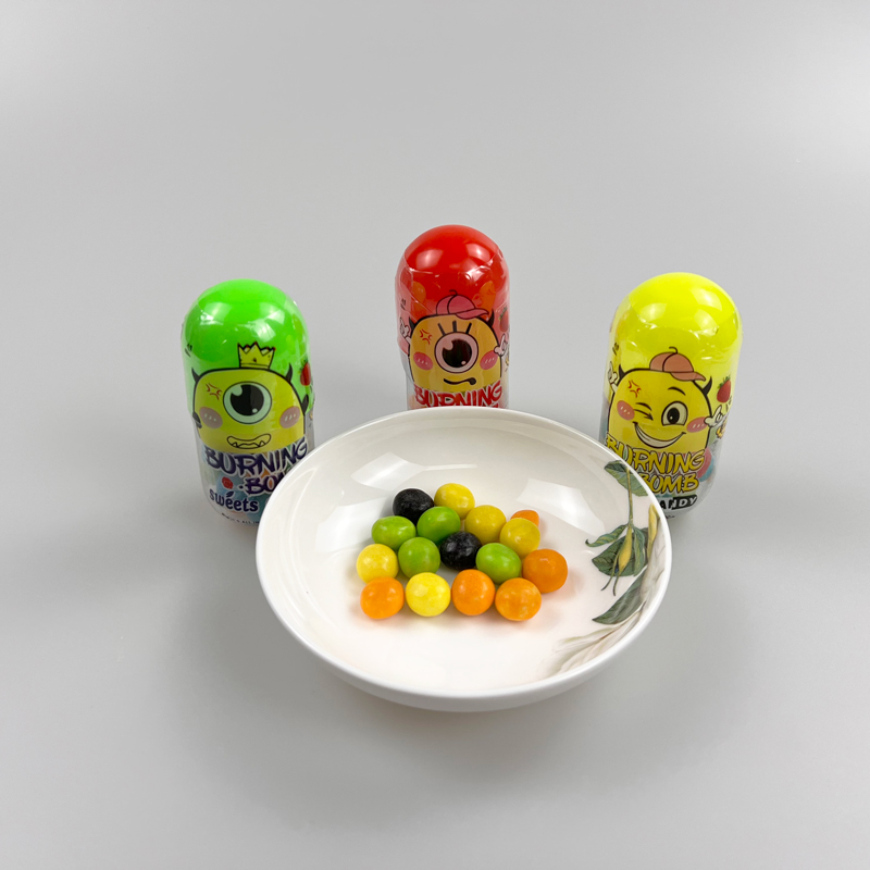 Cartoon burning bomb character capsule shaped sweet fruits flavor hard candy pressed candy