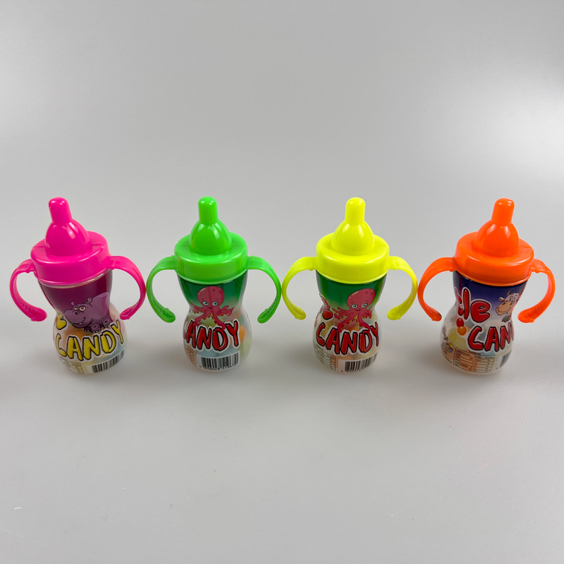 Feeding bottle with nipple shaped sweet fruity multicolored hard candy