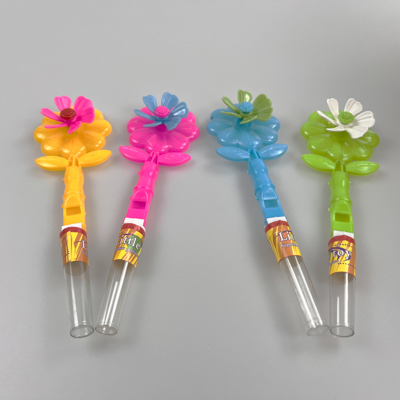 Flower shaped toy fan and whistle with colorful sweet tablet candy toy candy