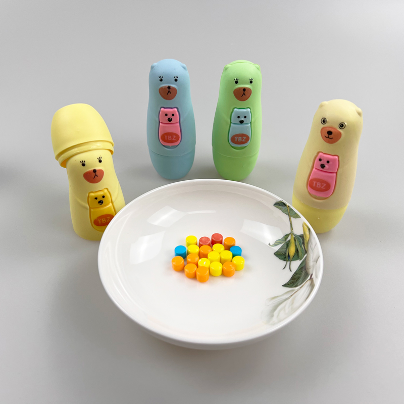 Animal series three color cute toy bear with multicolored tasty fruits flavor tablet candy toy candy