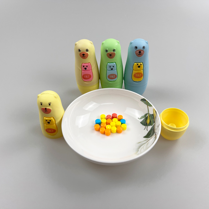 Animal series three color cute toy bear with multicolored tasty fruits flavor tablet candy toy candy