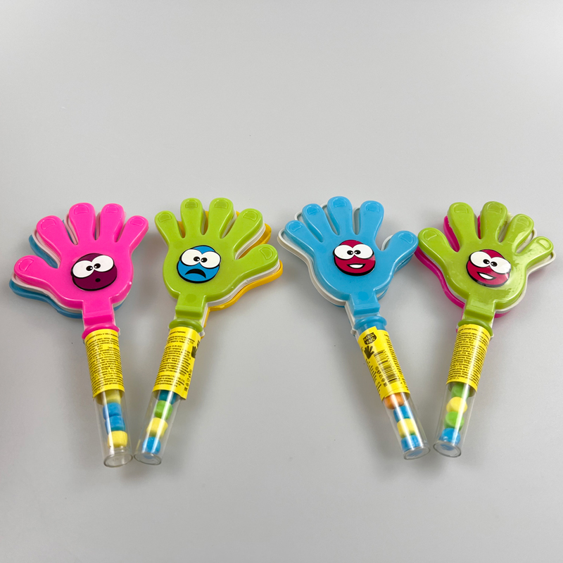 Hand shape clapping racquet toy with multicolored fruity tablet candy toy candy