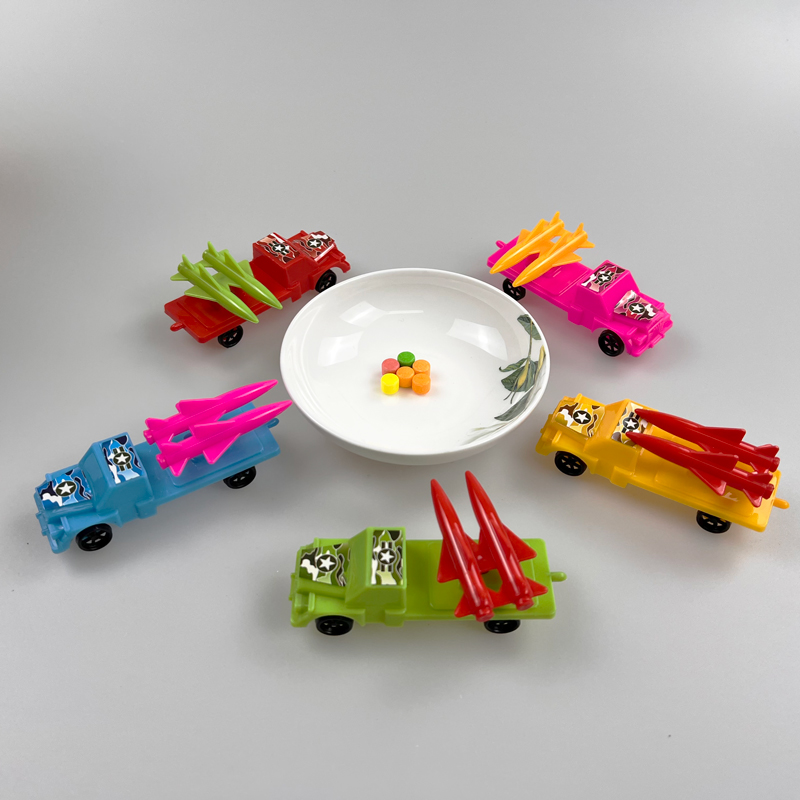 Cool toy missile vehicle with multicolored fruits flavor pressed candy toy candy