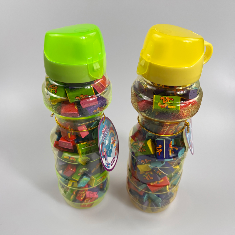 Water bottle packed multicolored fruity bubble gum with kids favorite tattoo paper