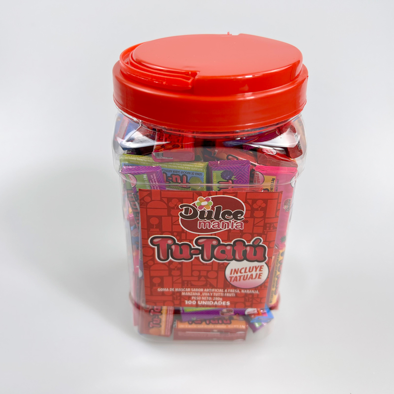 Jar packed colorful mix fruits flavor bubble gum with funny shape tattoo paper