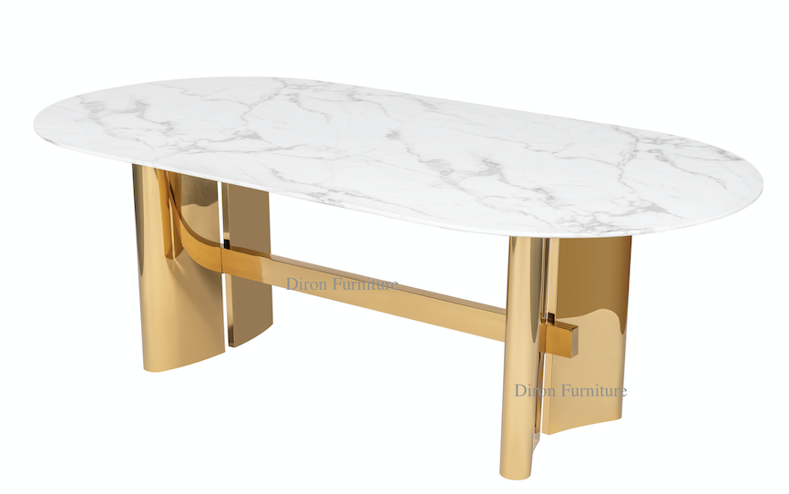 Luxury Oval Dining Table White Faux Marble And Shiny Gold Steel