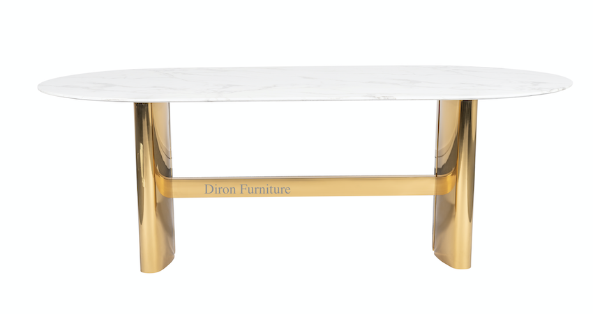 Luxury Oval Dining Table White Faux Marble And Shiny Gold Steel