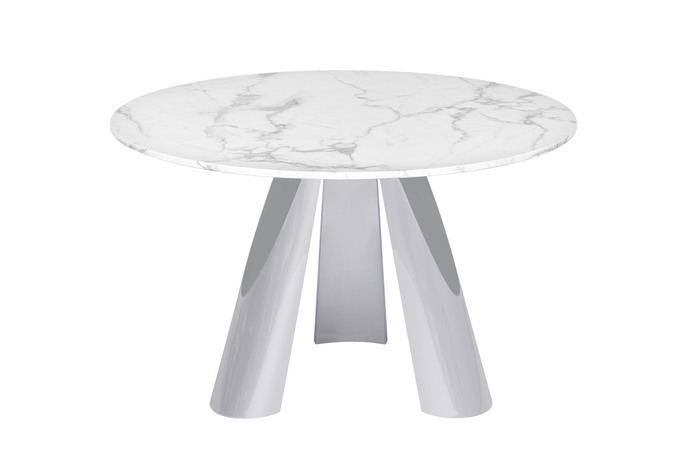 Modern Pedestal Dining Table Faux Marble Tabletop Polish Stainless Steel Frame